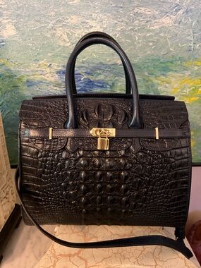 Pijushi Beautiful Croc-Effect Top-Handle Satchel in Navy Blue with Gold Hardware